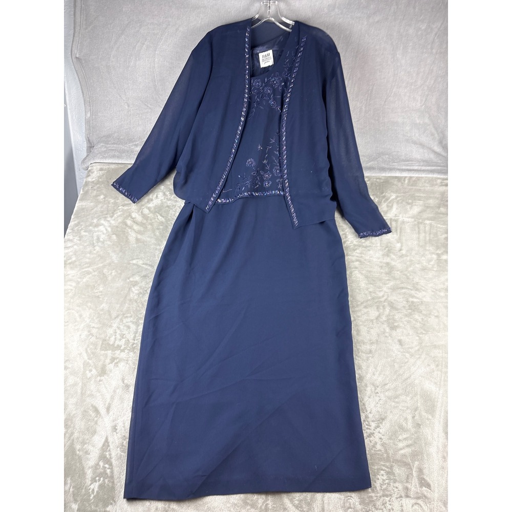 R&M Richards Dress Set Women Petite Navy Blue Beaded Floral Formal EUC